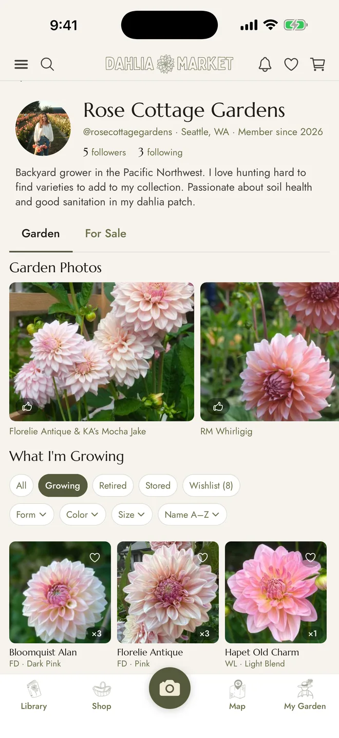 A grower's garden profile in the Dahlia Market app
